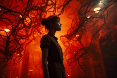 A woman stands in a red room with a tree in the middle of her head, in the style...