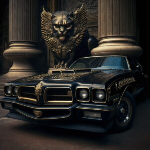 Midjourney 41980s vintage autochrome of a stunning muscle car, black Pontiac Tra...