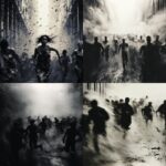 film, close ups of people running in stampede, filmography, futuristic minimalis...