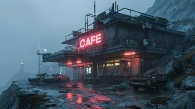 Hypermodern bunker with thick concrete walls which lies on the ridge of the high...