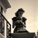 Young lady on ledge of the balcony with a cell phone, in the style of kodak brow...