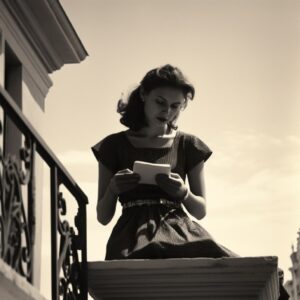 Young lady on ledge of the balcony with a cell phone, in the style of kodak brow...