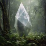 Cinematic photo of a plastic shiny white polygon sculpture, amongst a lush fores...