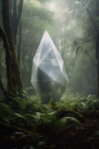 Cinematic photo of a plastic shiny white polygon sculpture, amongst a lush fores...
