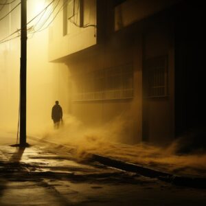 A person is in the shadows next to a big building, city environment, low light, ...