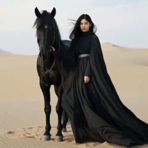Photo of 21 years old korean beautiful woman, standing with black horse of sand ...