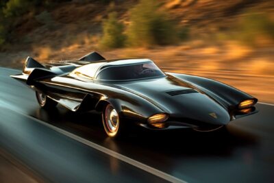 insane super-wide Batmobile 1960 prototype concept car stands in dark night NYC,...