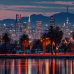 looking across the lake at melbourne australia skyline in san francisco with mou...