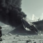 Ultra Wide Shot, crashed sci-fi angular stealth spaceship, producing thick risin...