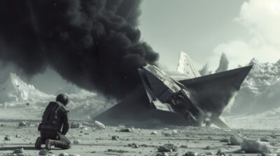 Ultra Wide Shot, crashed sci-fi angular stealth spaceship, producing thick risin...