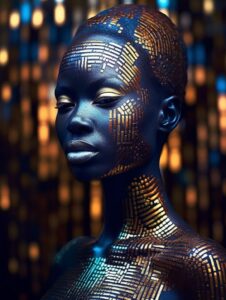 Resplendent cosmic moire pattern goddess, mystical afrofuturism, intricate tatto...