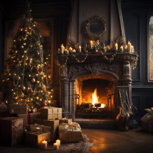 Macro environment an living room at Christmas, Christmas tree with lights, firep...