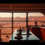 We see the Mars red desert with craters through the windows of kitchen room inte...