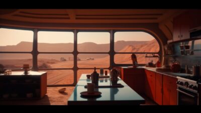 We see the Mars red desert with craters through the windows of kitchen room inte...