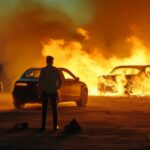 Camera stands in front of burning car in desert at evening, production still, be...