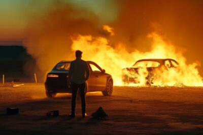 Camera stands in front of burning car in desert at evening, production still, be...