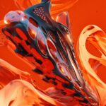 Black and red futuristic sneaker with flames, floating in the air, surrounded by...