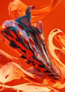 Black and red futuristic sneaker with flames, floating in the air, surrounded by...