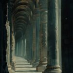 the hallways of an old cathedral, in the style of matte painting, columns and to...
