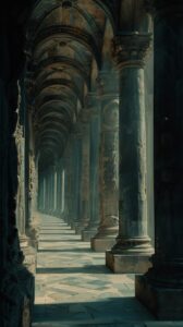 the hallways of an old cathedral, in the style of matte painting, columns and to...
