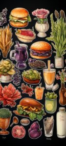A set of stickers with food for friends, in the style of ethereal watercolors, g...