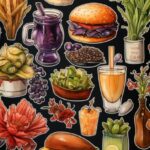 A set of stickers with food for friends, in the style of ethereal watercolors, g...
