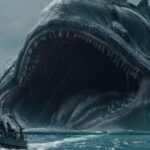 the head of a giant sea worm with a huge mouth sticks out of the water next to t...