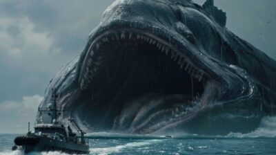 the head of a giant sea worm with a huge mouth sticks out of the water next to t...