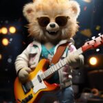 A bear playing a guitar with glasses, in the style of daz3d, cute and colorful, ...