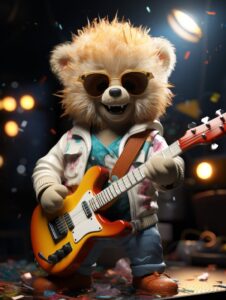 A bear playing a guitar with glasses, in the style of daz3d, cute and colorful, ...