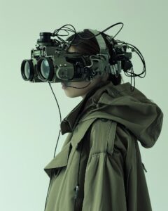 androgynous person wearing advanced Soviet night vision goggles, Dieter Rams sty...