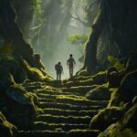 Three explorers walk up moss - covered stone stairs in a magical ancient forest....