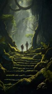Three explorers walk up moss - covered stone stairs in a magical ancient forest....