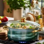 In a beautiful kitchen, a enamel pot is placed on a sleek marble countertop. The...