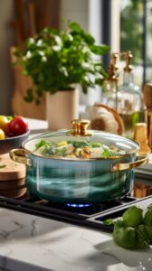 In a beautiful kitchen, a enamel pot is placed on a sleek marble countertop. The...