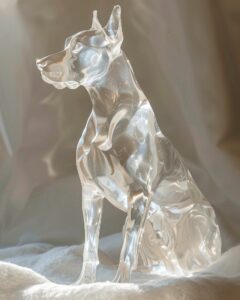 A diamond carved Doberman shining brilliantly in ambient sunlight, the mood is o...