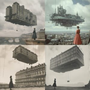 ww2 PARIS, surrealism, A gigantic huge prison floats over Paris, concept art, mi...