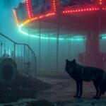 medium shot photograph of a black wolf stood in an abandoned theme park at night...