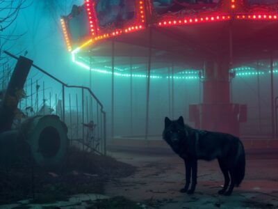 medium shot photograph of a black wolf stood in an abandoned theme park at night...