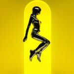 levitation, silhouette of chrome female mannequin levitating, neon yellow backgr...