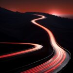 The moon shines across a motorway where the cars speed along, in the style of da...