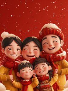 A family of five people bowed to the camera, May you be happy and prosperous!New...