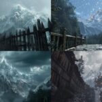 Dark fantasy concept art of Mount Ghakis rising skyward from a perspective looki...