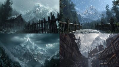 Dark fantasy concept art of Mount Ghakis rising skyward from a perspective looki...