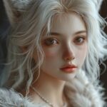 This is a lifelike portrait of a white fox with a half woman face, derived from ...