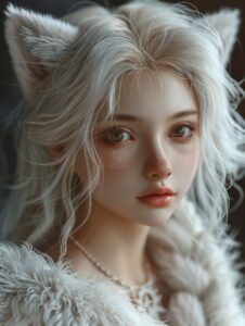 This is a lifelike portrait of a white fox with a half woman face, derived from ...