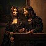 Mona Lisa sitting next to Leonardo da Vinci, talk each other, feel happy and lov...