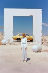A clad model standing next to a white car, in the style of joel sternfeld, georg...