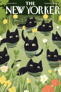award-winning The New Yorker magazine illustrated cover. Various cute black cats...