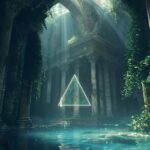 In a mist-covered vast abandoned classical hall with Ionic columns and arches, h...